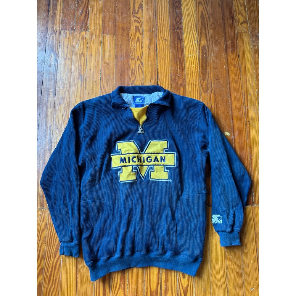 Vintage Starter Michigan Wolverines Quarter Zip Pullover Navy Blue Yellow Large